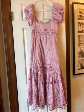 LoveShackFancy Pink Embroidered Tiered Maxi Dress